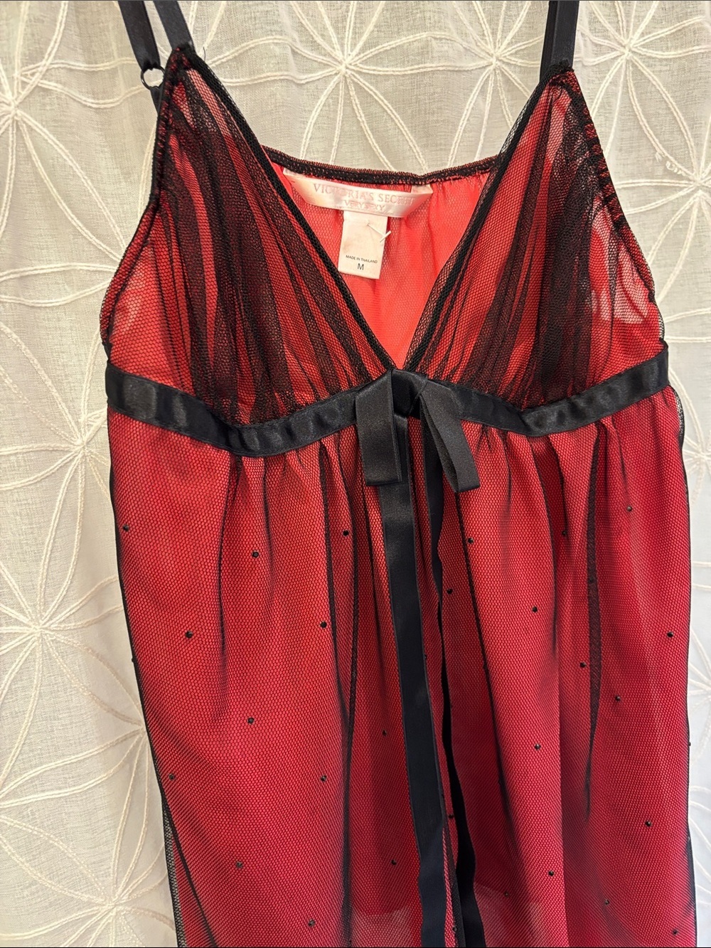 Victoria's Secret Red Sheer Babydoll Chemise with Black Trim - Picture 3 of 8